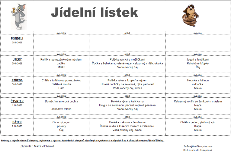 Jídelní lístek 29.&nbsp;9. - 2.&nbsp;10.